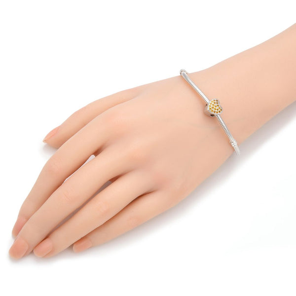 1pc 925 Sterling Silver Love Heart November Birthstone Bead Charm, Yellow Topaz Cubic Zirconia CZ, 10mm, Hole ID 4.5mm, EC1-L11