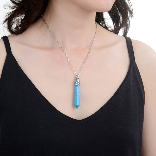 1pc Natural Blue Howlite Imitation Turquoise Hexagonal Pile Gemstone Pendant Necklace, 18 Inch Surgical Stainless Steel Chain, GGP-B10