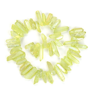 1 Strand Natural Raw Crystal Quartz Gemstone Beads, Medium Size Drilled Stone Points, Peridot Green AB Titanium Coated Gem Stick, 15 Inch, GA-D10