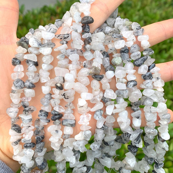 Natural Black Quartz Rutilated Gemstone Chip Beads, Free Form, 5mm-8mm, Hole ID 1mm, 1 Strand/31 Inch, GZ1-9