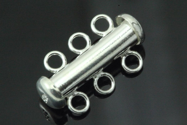 1pc 925 Sterling Silver 3 Strands Multi-Strand Slide Lock Tube Clasp Set, 20.5mm Long, SS116