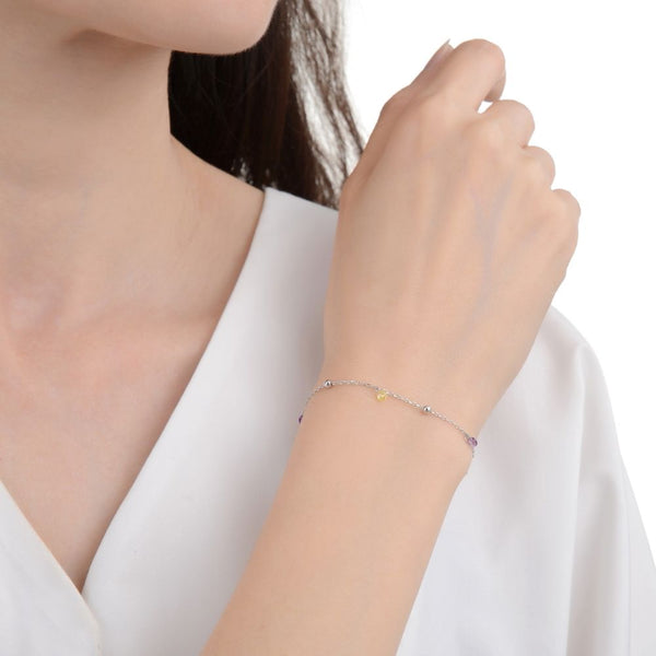 1pc 925 Sterling Silver 2.5mm Bead Station Cable Chain Bracelet with CZ Gemstone Drops, Tarnish Resistant White Gold Plated, Length Selections: 7 inch/7.5 inch