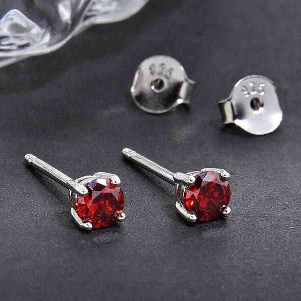 1 Pair 925 Sterling Silver January Red Birthstone Round Cut Stud Earrings, 4mm/0.25 Carat Small Tiny Cubic Zirconia CZ Garnet Stone, SSE78-1