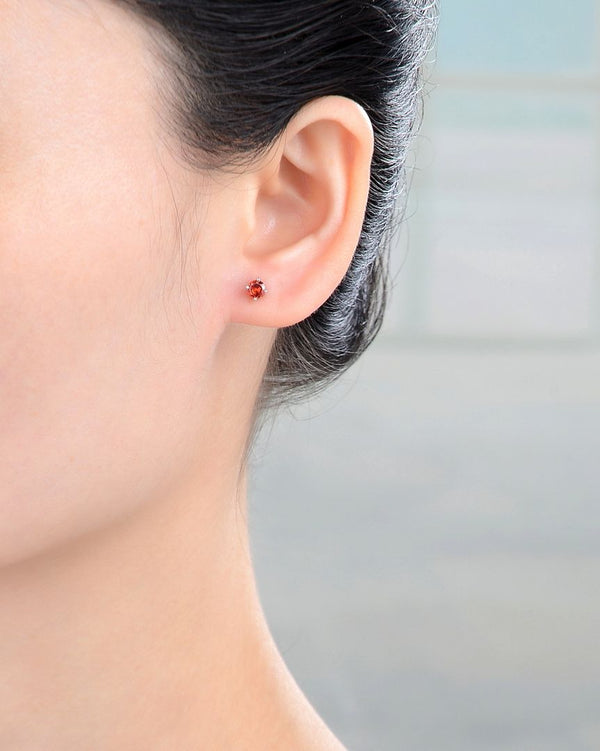 1 Pair 925 Sterling Silver January Red Birthstone Round Cut Stud Earrings, 4mm/0.25 Carat Small Tiny Cubic Zirconia CZ Garnet Stone, SSE78-1