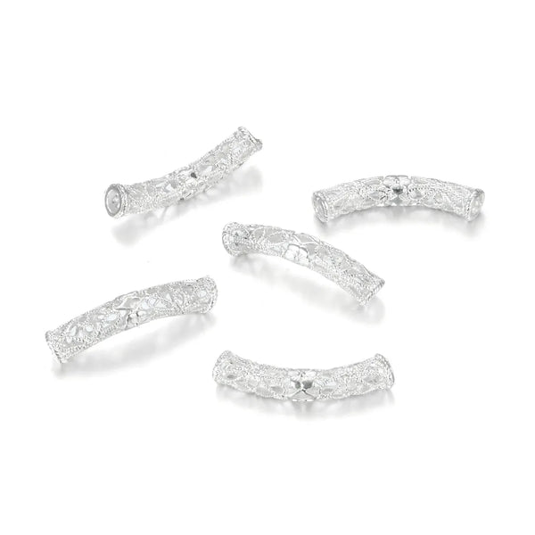 10pcs Large Hole Filigree Flower Curved Noodle Tube Beads, Sterling Silver Plated Brass, 30mm Long, Hole ID 3.5mm, CF51-S