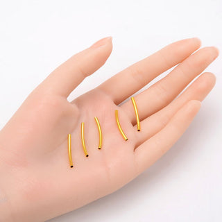 20pcs Tarnish Resistant Curved Noodle Tubes, 18K Yellow Gold Plated Brass, Hole ID 1.5mm, Length Selections: 25/30/35/40/50mm