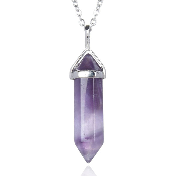1pc Natural Purple Amethyst Crystal Gemstone Pendant Necklace, 18 Inch Surgical Stainless Steel Chain, GGP-C4