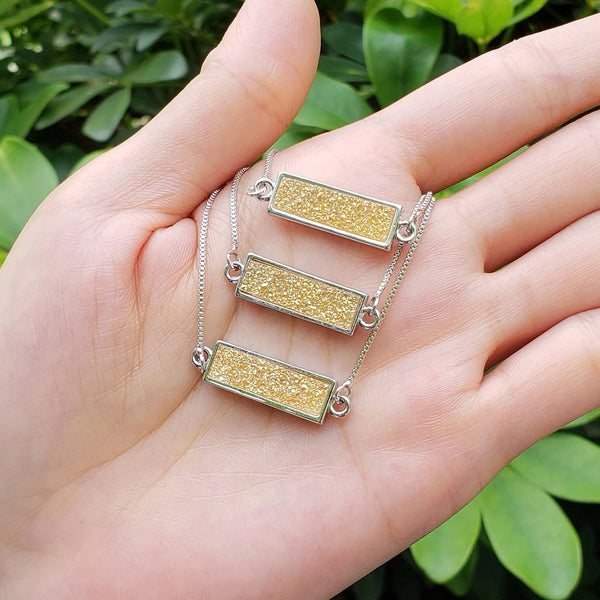 1pc Natural Druzy Crystal Pendant Necklace, Golden Champagne Bar Gemstone Pendant, 18 inch Stainless Steel Surgical Chain, GGP23-2