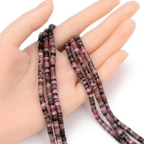 Natural Rhodonite Gemstone Heishi Tube Rondelle Beads, 4x2mm/Small, Hole ID 0.9mm, 14.5 Inch/1 Strand, GH-C27