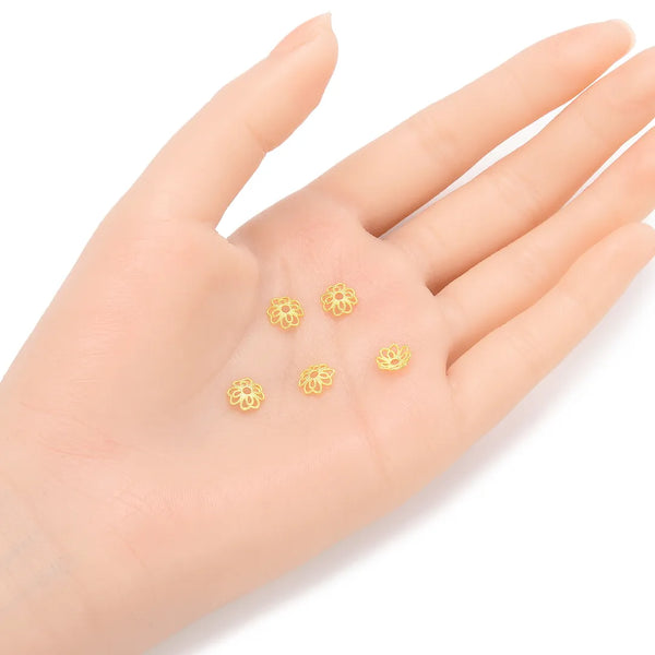 20pcs 925 Sterling Silver Textured Flower Round Bead End Caps, Real 18K Yellow Gold Plated, 7.3mm, Hole ID 1mm, SS232-2