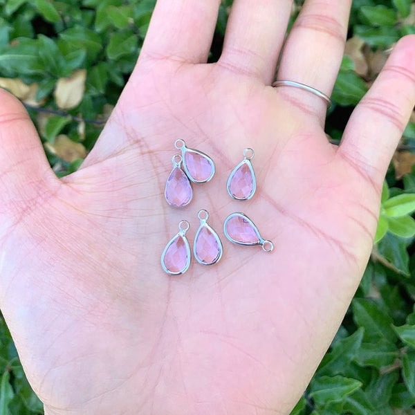 10pcs Grade A October Pink Teardrop Birthstone Charm Drop, Sterling Silver Plated Brass, Size Selections: 11x7mm, 14x8mm, 16x9mm