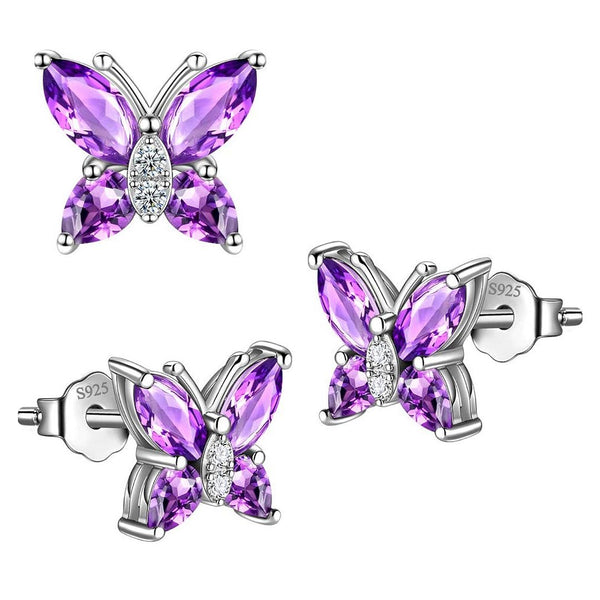 1 Pair 925 Sterling Silver February Birthstone Butterfly Stud Earrings, 10mm, Cubic Zirconia CZ Purple Amethyst Stone, SSE83-2