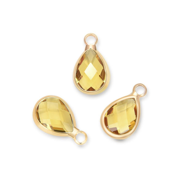 10pcs Grade A November Topaz Yellow Teardrop Birthstone Charm Drop, 18K Yellow Gold Plated Brass, Size Selections: 11x7mm, 14x8mm, 16x9mm