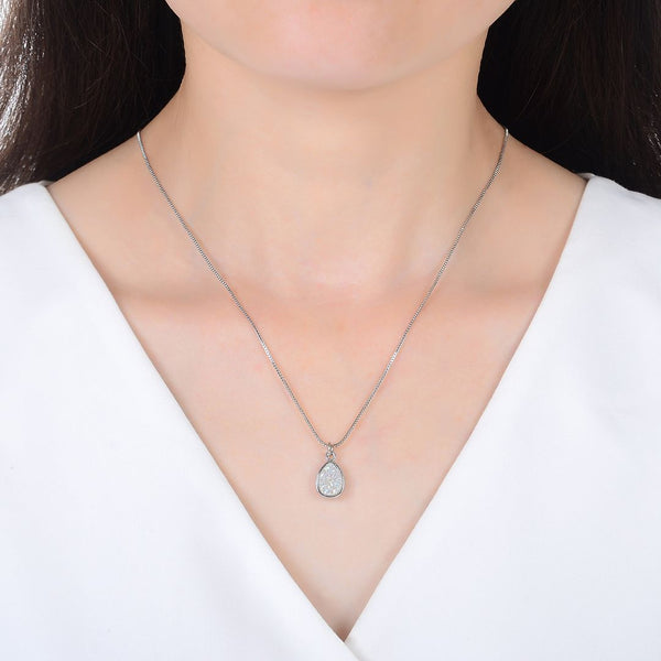 1pc Natural Druzy Crystal Pendant Necklace, Clear AB Teardrop Small Tiny Gemstone Pendant, 18 inch Stainless Steel Surgical Chain, GGP25-5