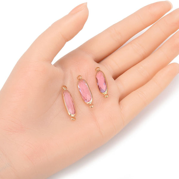 10pcs Grade A October Pink Rectangle Bar Birthstone Links, 18K Yellow Gold Plated Brass, 21x7mm, CCP9-G10