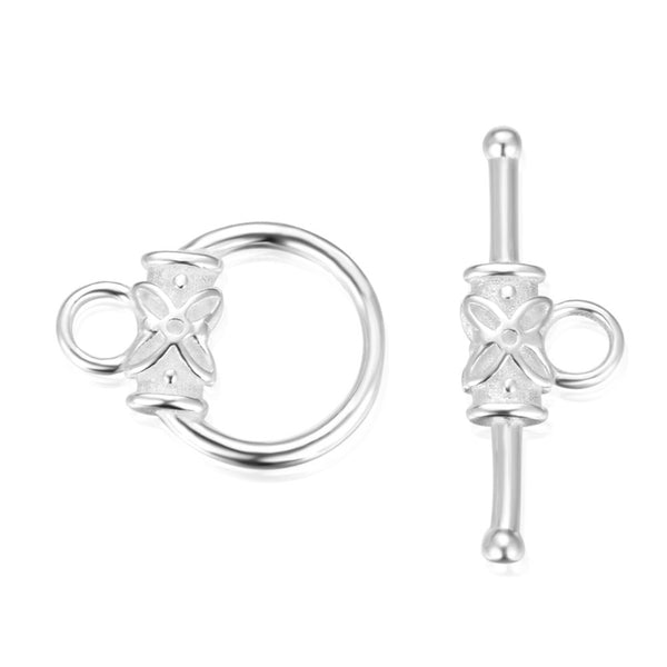 2 sets 925 Sterling Silver Flower Toggle Clasps, T-Bar Jewelry Closure, Size Selections: 9mm/12mm/15mm