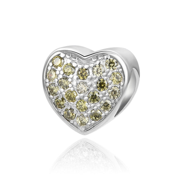 1pc 925 Sterling Silver Love Heart August Birthstone Bead Charm, Green Peridot Cubic Zirconia CZ, 10mm, Hole ID 4.5mm, EC1-L8