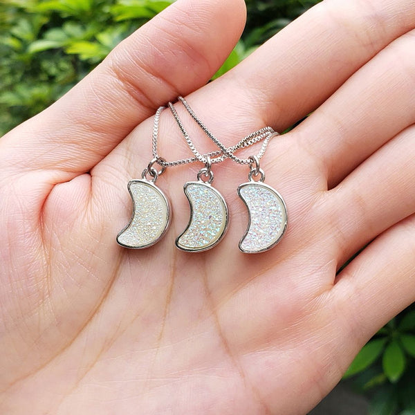 1pc Natural Druzy Crystal Pendant Necklace, Clear AB Moon Drop Small Gemstone Pendant, 18 inch Stainless Steel Surgical Chain, GGP27-5