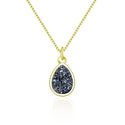 1pc Natural Druzy Crystal Pendant Necklace, Hematite Black Teardrop Small Tiny Gemstone Pendant, 18 inch Gold Plated Stainless Steel Chain, GGP26-4