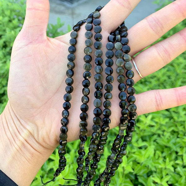 Natural Gold Sheen Black Obsidian Gemstone Faceted Flat Round Coin Beads, 6mm, Hole ID 1mm, 15 Inch/1 Strand, GZ13-11