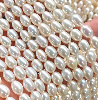 14 Inch Natural AA+ Grade High Luster Teardrop Oval Rice Pearl Beads, White Cultured Freshwater Pearls, 6-7mm, Hole ID 0.7mm, PB3-67