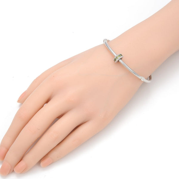 1pc 925 Sterling Silver August Birthstone Bead Charm, Green Peridot Cubic Zirconia CZ, 9.5x5mm, Hole ID 4.5mm, EC1-C8