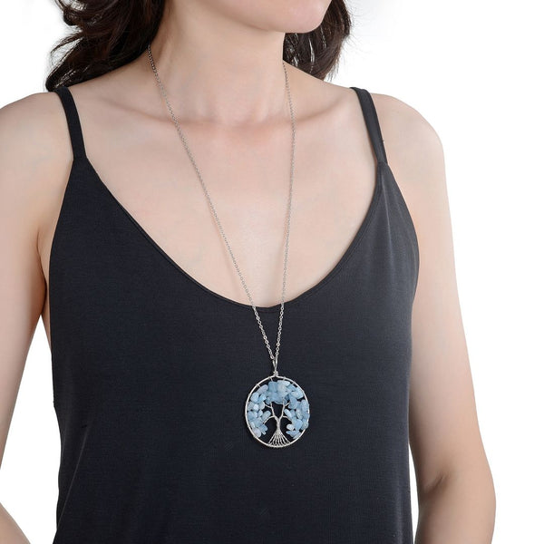 1pc Tree of Life Prosperity Necklace, Natural Blue Aquamarine Gemstone Pendant, 26 inch Surgical Stainless Steel Chain, GGP9-12