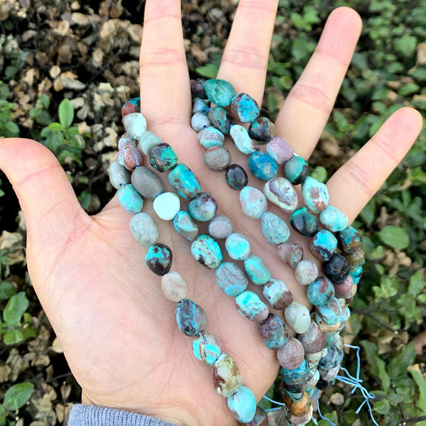 Natural Chrysocolla Turquoise Gemstone Oval Tumbled Pebble Beads, Irregular, 7mm to 10mm, Hole ID 1mm, 15 Inch/1 Strand, GZ12-52