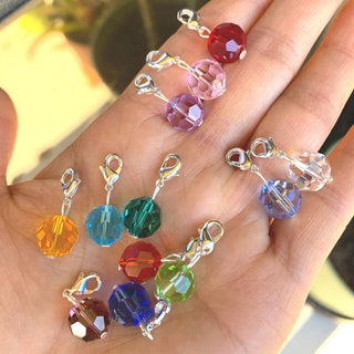 1 Set/12pcs Mixed Clip On Dangle Birthstone Charm Drops, 10mm Round Crystal Beads, Sterling Silver Plated Clasps, BL4