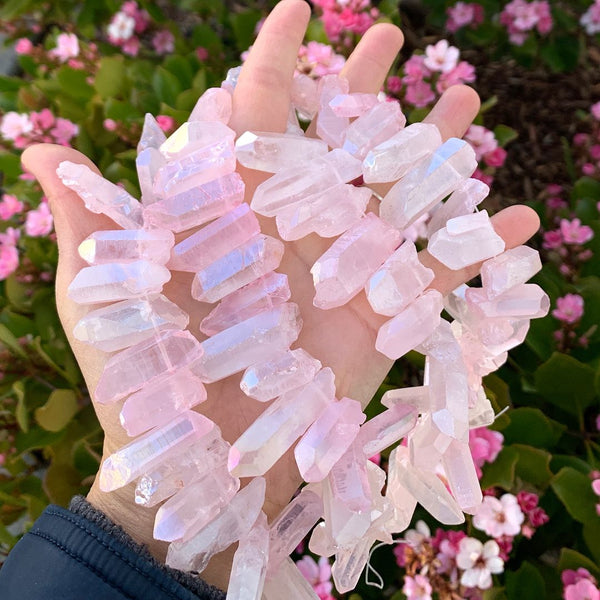 1 Strand Natural Raw Crystal Quartz Gemstone Beads, Large Drilled Stone Points, Rose Pink AB Titanium Coated Gem Stick, 15 Inch, GA-E8
