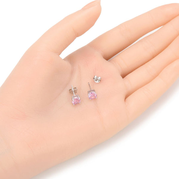 1 Pair 925 Sterling Silver October Birthstone Round Cut Stud Earrings, 6mm/0.84 Carat Cubic Zirconia CZ Pink Tourmaline Stone, SSE48-10