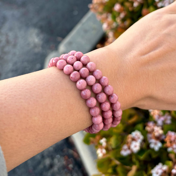 1 Strand Stretch Natural Grade A Pink Rhodonite Beaded Gemstone Bracelet, 6mm Beads, Length Selections: 7 inch/7.5 inch/8 inch