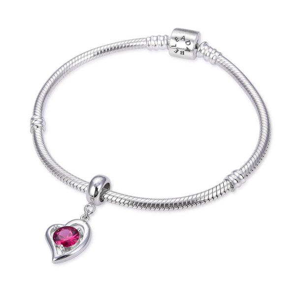 1pc 925 Sterling Silver Love Heart July Birthstone Charm Drop, Red Ruby Cubic Zirconia CZ, 26mm (1 inch) Long, Hole ID 4.5mm, EC1-E7