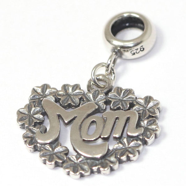 1pc Solid 925 Sterling Silver Flowers Mom's Heart of Love Bead Charm, Compatible with Pandora All Other Charm Bracelet, EC639