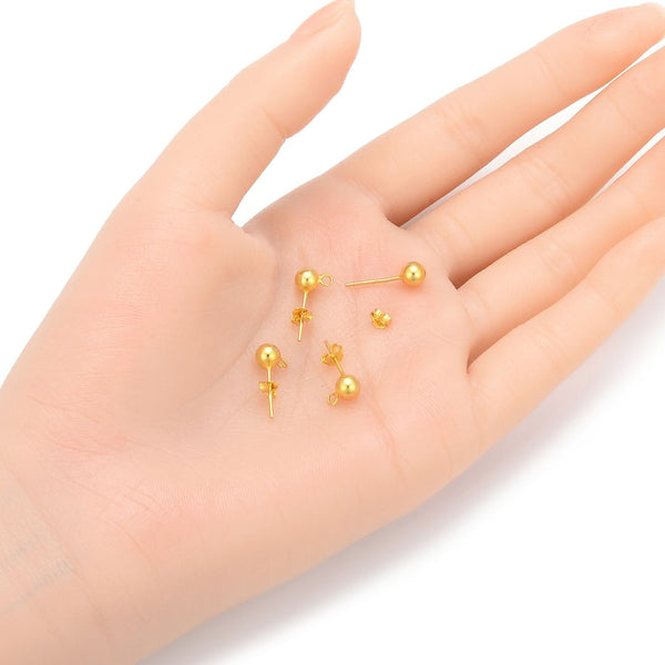 5 Pairs 925 Sterling Silver Ball Earring Posts, Real 18K Yellow Gold Plated, Open Ring, 10pcs Earring Backs, Ball Size Selections: 3mm/4mm/5mm