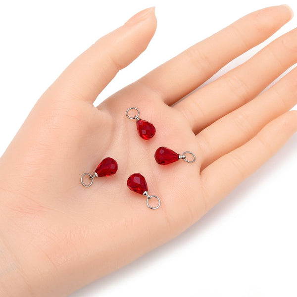 5pcs January Birthstone Charm Drops, 10mm Red Austrian Teardrop Crystal Beads, Sterling Silver Plated Open Jump Rings, BR6-1