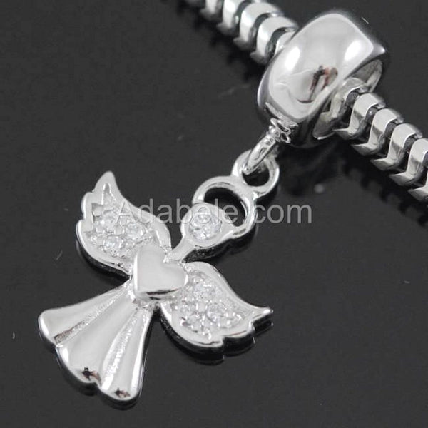 1pc Real 925 Sterling Silver Winged Angel Religious Cubic Zirconia CZ Charm Pendant, Compatible with Pandora All Other Charm Bracelet, EC7-D3