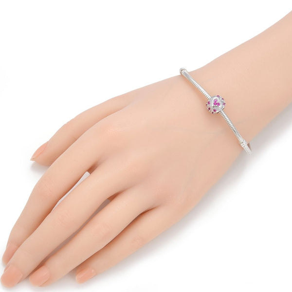 1pc 925 Sterling Silver Round Heart Pattern July Birthstone Bead Charm, Red Ruby Cubic Zirconia CZ, 11x9mm, Hole ID 4.5mm, EC1-H7