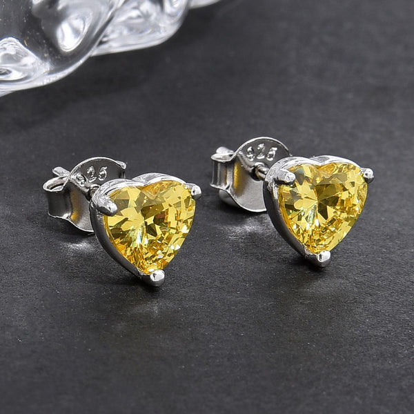1 Pair 925 Sterling Silver November Love Heart Birthstone Stud Earrings, 6mm/0.84 Carat Cubic Zirconia CZ Yellow Topaz Stone, SSE79-11