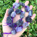 Natural Raw Dark Purple Amethyst Crystal Gemstone Beads, Large Drilled Rough Nugget Stone, 15 Inch GA-C3