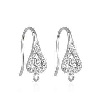 4pcs 925 Sterling Silver Fancy Peacock Feather Pattern Earring Hooks, 19 Cubic Zirconia CZ, Tarnish Resistant Rhodium Plated, 18mm, SS464