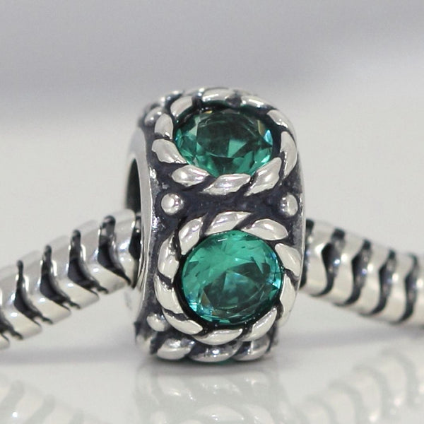 1pc Real 925 Sterling Silver May Birthstone Flower Round Charm Bead, Cubic Zirconia CZ Green Emerald Gemstone, Compatible with Pandora all Other Charm Bracelets, EC1-N5