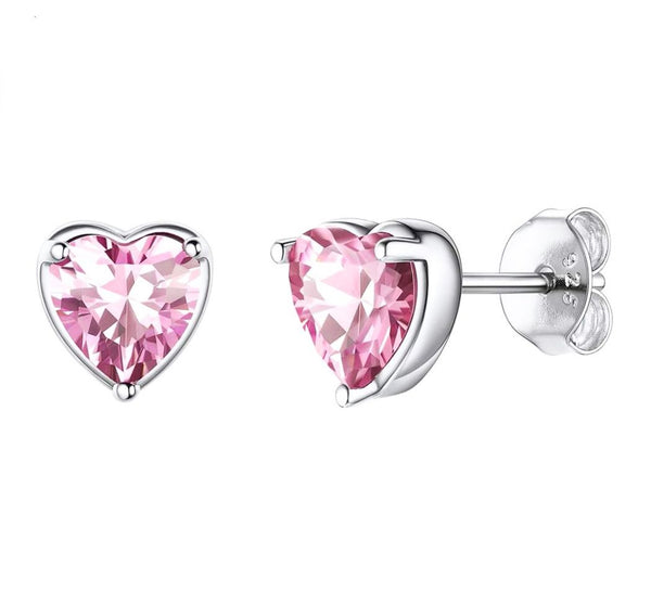 1 Pair 925 Sterling Silver October Love Heart Birthstone Stud Earrings, 6mm/0.84 Carat Cubic Zirconia CZ Pink Tourmaline Stone, SSE79-10