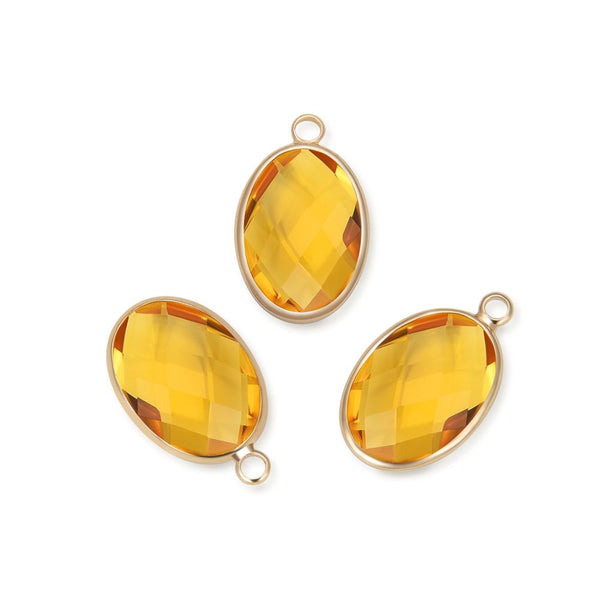 10pcs Grade A November Topaz Yellow Oval Birthstone Charm Drops, 18K Yellow Gold Plated Brass, 18x13mm, CCP6-G11