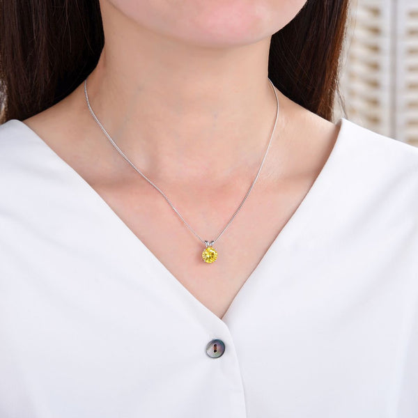 925 Sterling Silver November Birthstone Solitaire Necklace, 8mm/2 Carat Yellow Topaz Cubic Zirconia CZ, Length Selections: 16 inch/18 inch