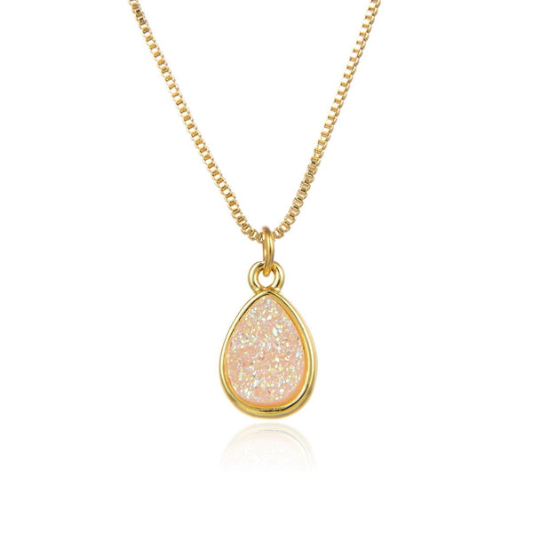 1pc Natural Druzy Crystal Pendant Necklace, Clear AB Teardrop Small Tiny Gemstone Pendant, 18 inch Gold Plated Stainless Steel Chain, GGP26-5