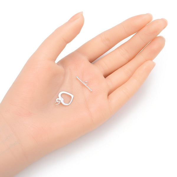 1 Set 925 Sterling Silver Heart Shaped Toggle Clasp, T-Bar Jewelry Closure, 16mm, SS26-BB