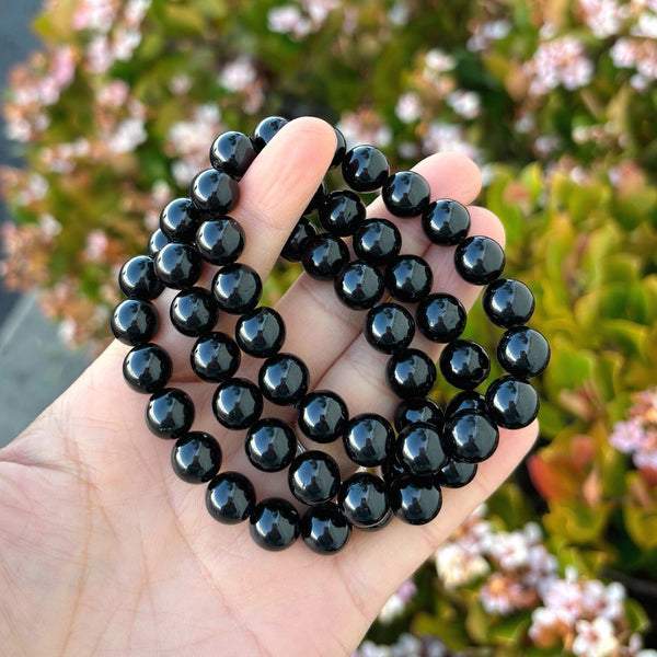 1 Strand Stretch Natural Grade A Black Tourmaline Beaded Gemstone Bracelet, 10mm Bead, Length Selections: 7 inch/7.5 inch/8 inch/8.5 inch