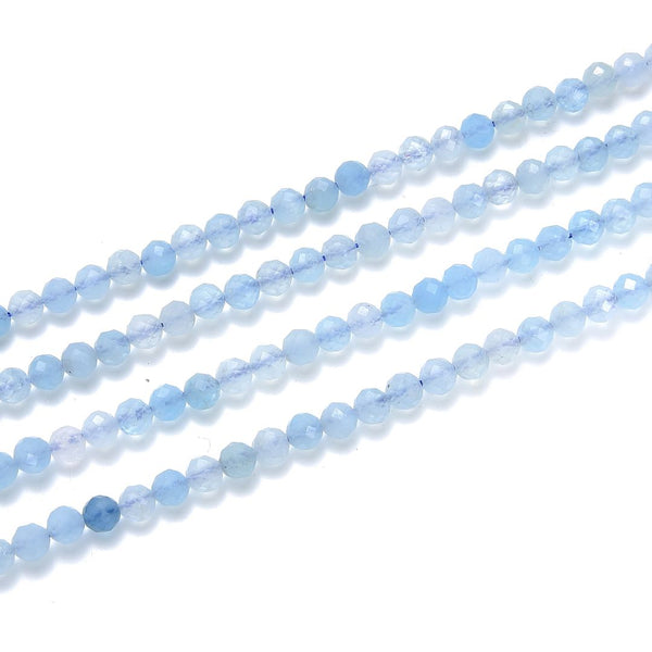 Natural Blue Aquamarine Gemstone Tiny Small Faceted Round Beads, 3mm, Hole ID 0.6mm, 15 Inch/1 Strand, GK3-8