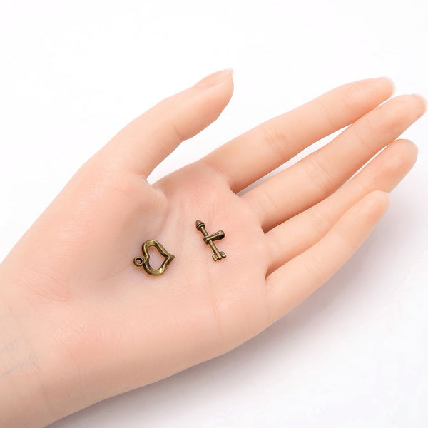 Adabele 20 Sets Heart Shape Toggle Clasp, T-Bar Jewelry Closure, 13mm (0.5 Inch), Tarnish Resistant Antique Bronze, MC-AF63